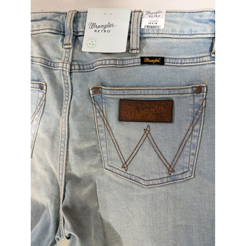 Wrangler Retro Green Jean Light Wash Distressed Bell Bottom Flare Jeans 29x34 - Picture 7 of 9